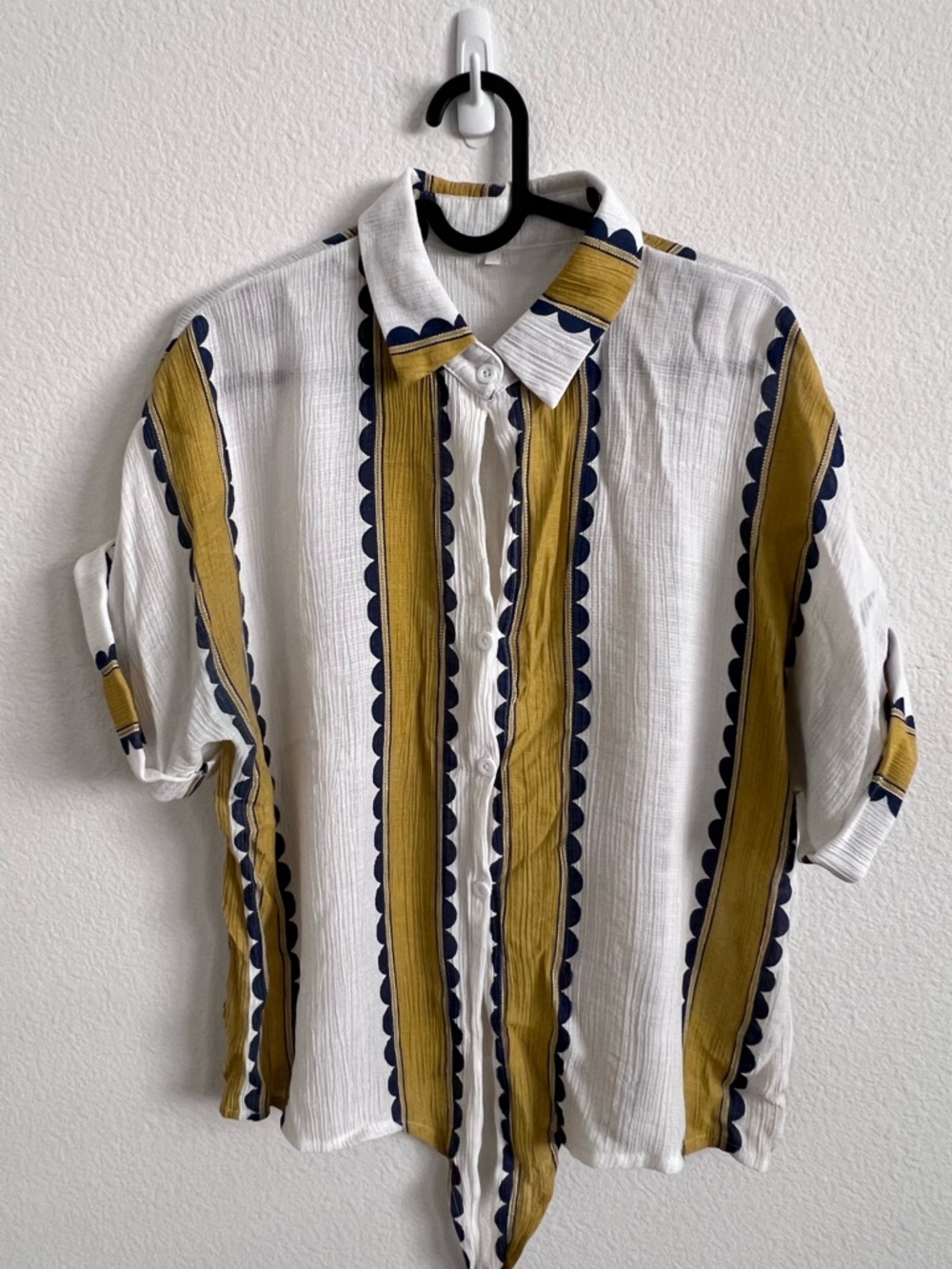Women’s Short-Sleeve Button-Up Shirt in White with Mustard Stripes